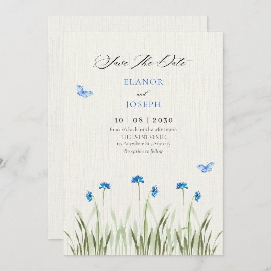 Blauwe waterverf bloementuin save the date (Voorkant / Achterkant)