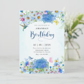 Blauwe waterverf bloementuin verjaardag kaart (Staand voorkant)