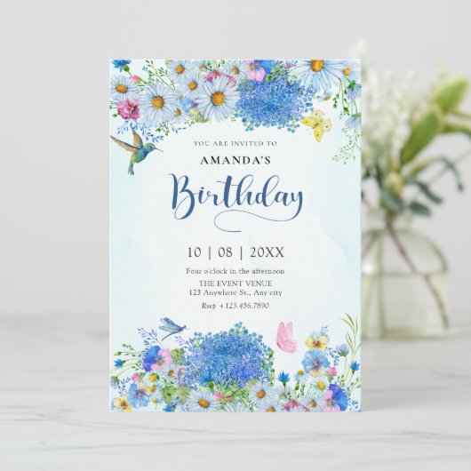 Blauwe waterverf bloementuin verjaardag kaart (Staand voorkant)