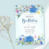 Blauwe waterverf bloementuin verjaardag kaart