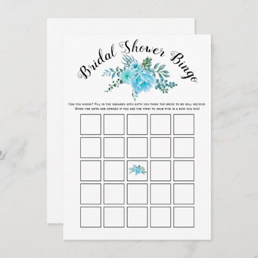 Blauwe waterverf bloemetjes bruids bingo spel kaar informatiekaartje (Voorkant / Achterkant)
