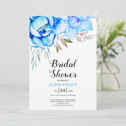 Blauwe waterverf bloemetjes bruiloft vrijgezellenf kaart (Staand voorkant)