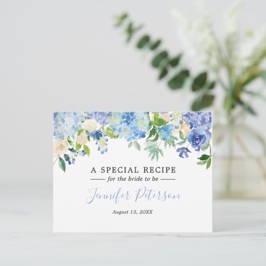 Blauwe Waterverf Bloemige Bruidsdouche Recept Kaar Briefkaart (Staand voorkant)