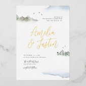 Blauwe Waterverf Bodembestemming bruiloft Folie Uitnodiging (Voorkant)