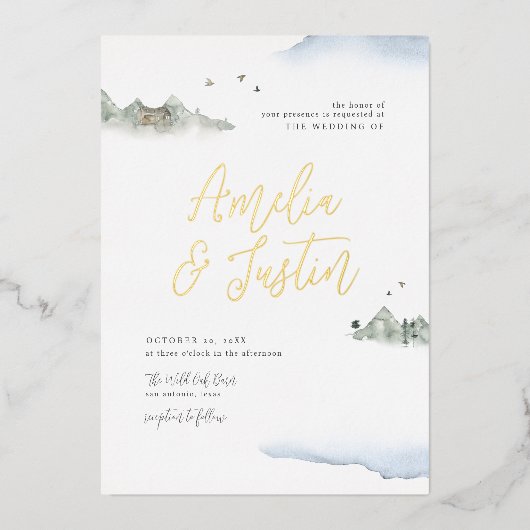 Blauwe Waterverf Bodembestemming bruiloft Folie Uitnodiging (Voorkant)