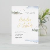 Blauwe Waterverf Bodembestemming bruiloft Folie Uitnodiging (Staand Voorkant)