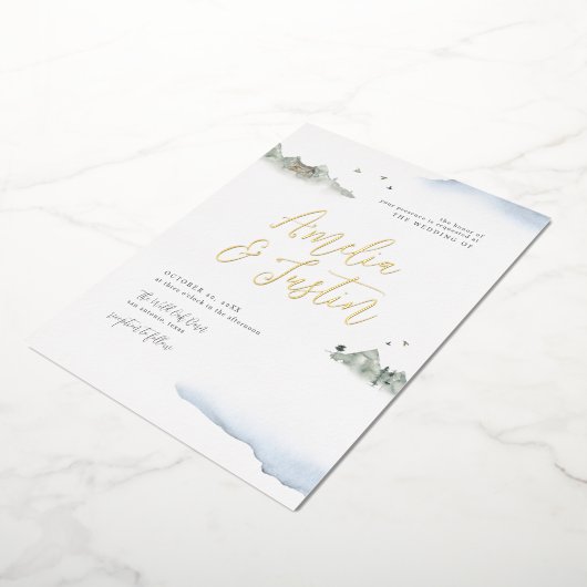 Blauwe Waterverf Bodembestemming bruiloft Folie Uitnodiging (Gedraaid)