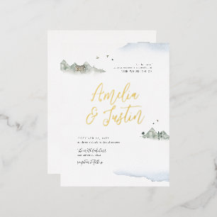 Blauwe Waterverf Bodembestemming bruiloft Folie Uitnodiging Briefkaart