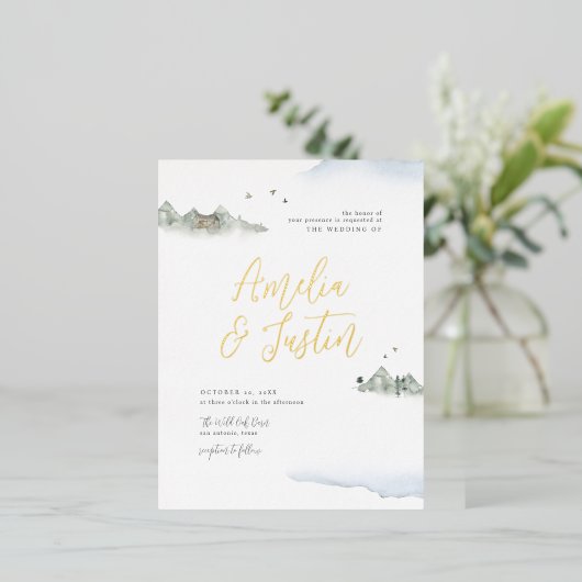 Blauwe Waterverf Bodembestemming bruiloft Folie Uitnodiging Briefkaart (Staand Voorkant)