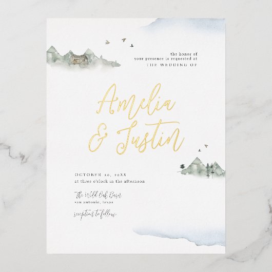 Blauwe Waterverf Bodembestemming bruiloft Folie Uitnodiging Briefkaart (Voorkant)