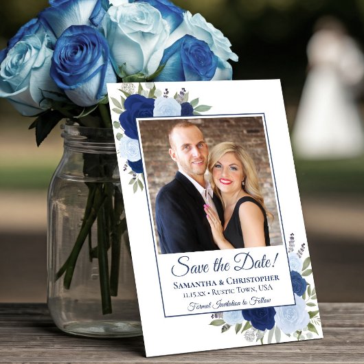 Blauwe Waterverf Boho Chic Rozen & Fotobruiloft Save The Date