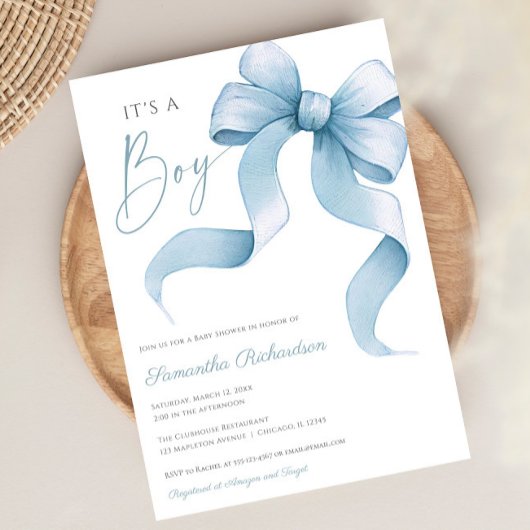 Blauwe waterverf boog Het is een jongen baby showe Kaart