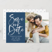 Blauwe Waterverf borstel kalligrafie foto Save The Date (Voorkant / Achterkant)