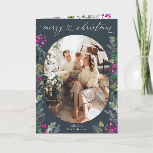 Blauwe Waterverf Botanicals 1 foto Vrolijk kerstfe Kaart (Voorkant)