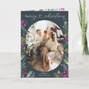 Blauwe Waterverf Botanicals 1 foto Vrolijk kerstfe Kaart