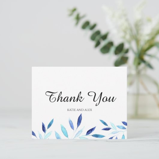 Blauwe Waterverf Botanische bladeren Dank u Briefkaart (Staand voorkant)