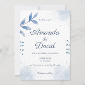 Blauwe Waterverf Botanische bruiloft Kaart (Voorkant)