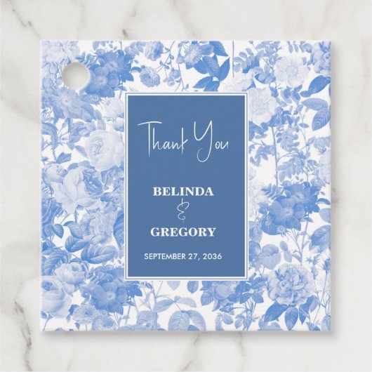 Blauwe Waterverf Botanische Florals Weddenschap Bedankjes Labels (Voorkant)