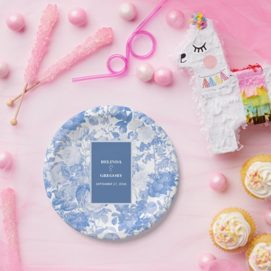 Blauwe Waterverf Botanische Florals Weddenschap Papieren Bordje (Feest)