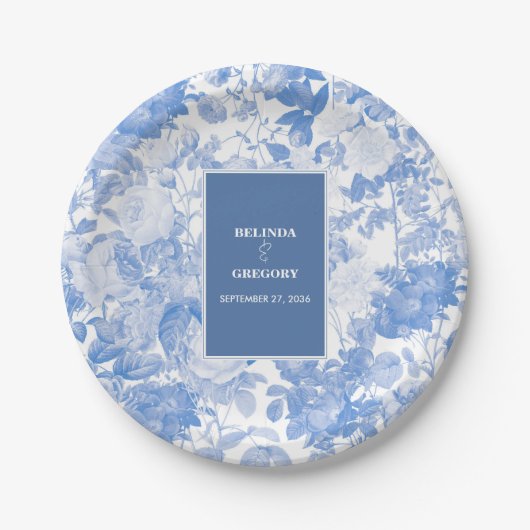 Blauwe Waterverf Botanische Florals Weddenschap Papieren Bordje (Voorkant)