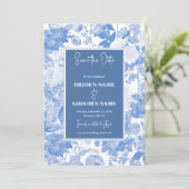 Blauwe Waterverf Botanische Florals Weddenschap Save The Date (Staand voorkant)