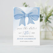 Blauwe Waterverf Bow Baby shower Save The Date (Staand voorkant)