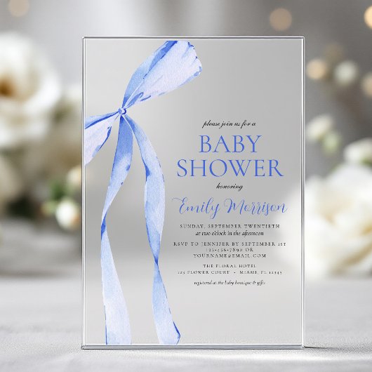 Blauwe Waterverf Bow Boy Baby shower Acryl Uitnodigingen