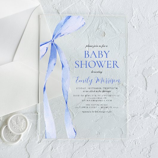 Blauwe Waterverf Bow Boy Baby shower Acryl Uitnodigingen