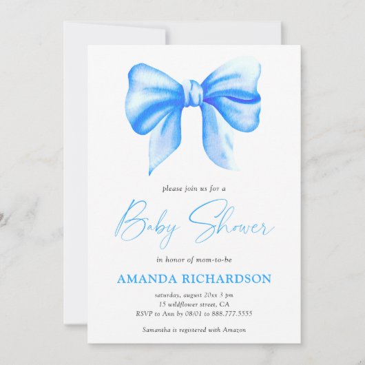 Blauwe Waterverf Bow Boy Baby shower Kaart (Voorkant)