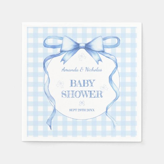 Blauwe Waterverf Bow Gingham Baby Jongensdouche Servet (Voorkant)