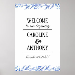 Blauwe Waterverf Branches Wedding Welkomstteken Poster
