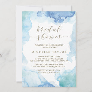 Blauwe Waterverf Bridal Shower Uitnodiging