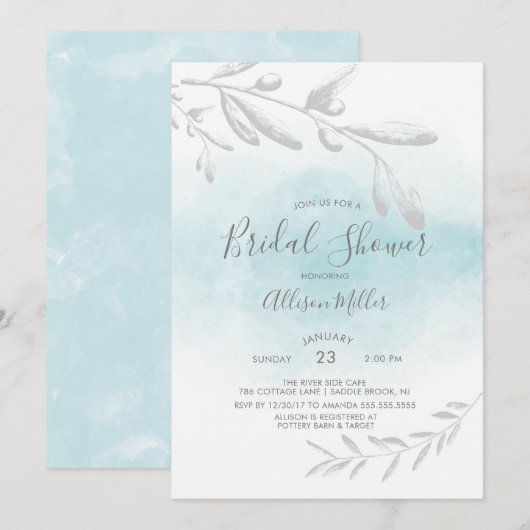 Blauwe Waterverf Bridal Shower Uitnodiging (Voorkant / Achterkant)