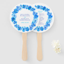 Blauwe waterverf bruiloft met pansie handwaaier