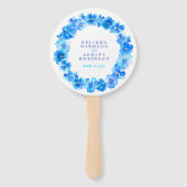 Blauwe waterverf bruiloft met pansie handwaaier (Voorkant)