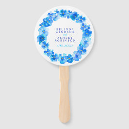 Blauwe waterverf bruiloft met pansie handwaaier