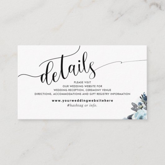 Blauwe Waterverf bruiloft Website Details Informatiekaartje (Voorkant)