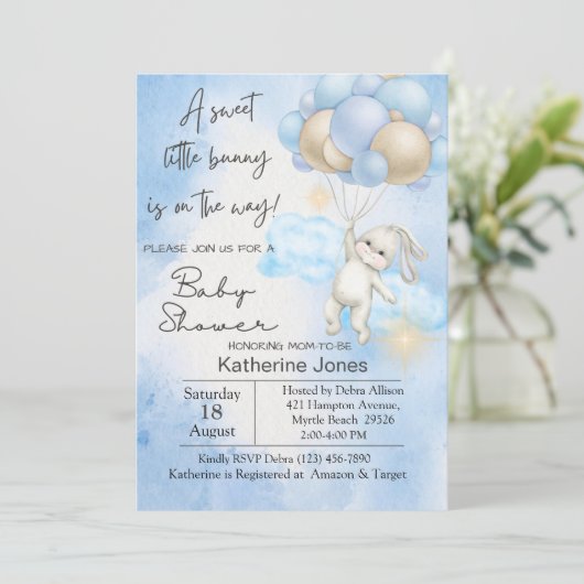 Blauwe Waterverf Bunny Rabbit Balloons Baby shower Kaart (Staand voorkant)