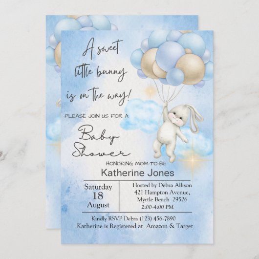 Blauwe Waterverf Bunny Rabbit Balloons Baby shower Kaart (Voorkant / Achterkant)