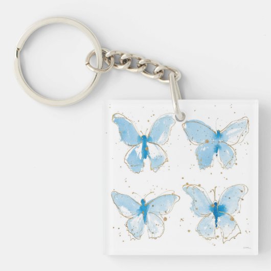Blauwe Waterverf Butterflies Sleutelhanger (Voorkant)