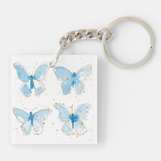 Blauwe Waterverf Butterflies Sleutelhanger (Achterkant)