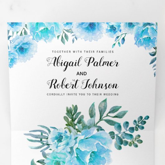 Blauwe waterverf cactus bloemen bruiloft drieluik uitnodiging (Binnenzijde eerst)