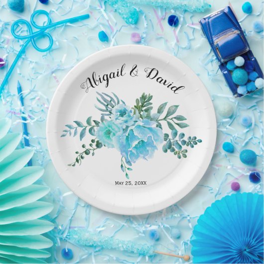 Blauwe waterverf cactus bloemen, sappige bruiloft papieren bordje (Feest)