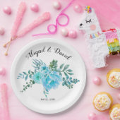 Blauwe waterverf cactus bloemen, sappige bruiloft papieren bordje (Feest)