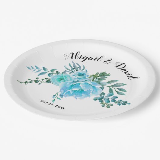 Blauwe waterverf cactus bloemen, sappige bruiloft papieren bordje (Gekanteld)