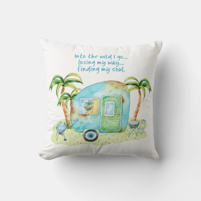Blauwe Waterverf Camper Caravan - Mijn ziel vinden Kussen (Voorkant)