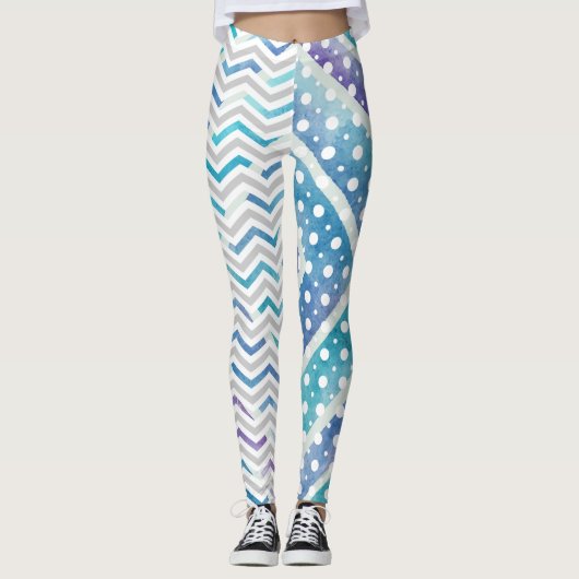 Blauwe waterverf chevron, polka dot leggings (Voorkant)