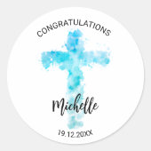 Blauwe Waterverf Christelijk kruis doop Ronde Sticker (Voorkant)