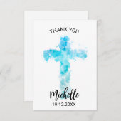 Blauwe Waterverf Christelijk Kruis doopsel Bedankkaart (Voorkant / Achterkant)