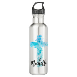 Blauwe Waterverf Christelijk kruis Waterfles